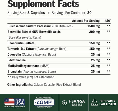 Glucosamine Chondroitin MSM – Joint Support Supplement for Women and Men with Glucosamine Sulfate 1500 mg, Chondroitin and MSM – for Cartilage, Joint Health and Flexibility – 90 Capsules